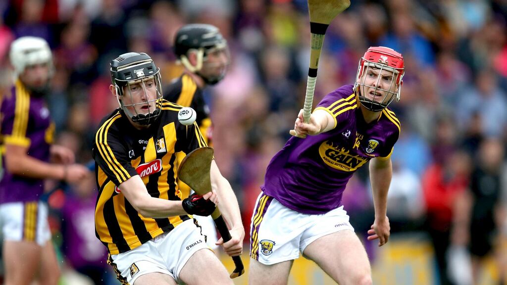 Kilkenny’s David Blanchfield and Conall Clancy of Wexford during the Leinster Under-20 Hurling Championship final at Innovate Wexford Park on Wednesday. Photograph: Bryan Keane