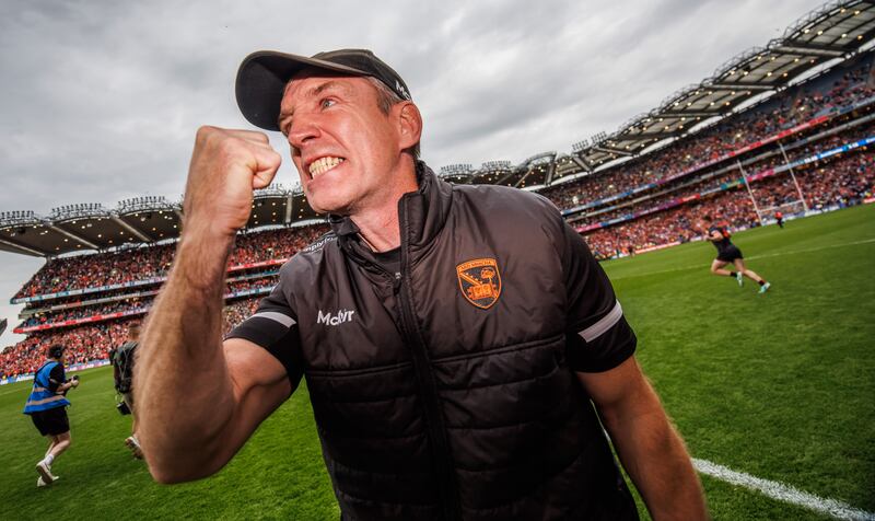 Jubilant Armagh manager Kieran McGeeney celebrates victory over Kerry at the final whistle in the All-Ireland football semi-final. Photograph: James Crombie/Inpho