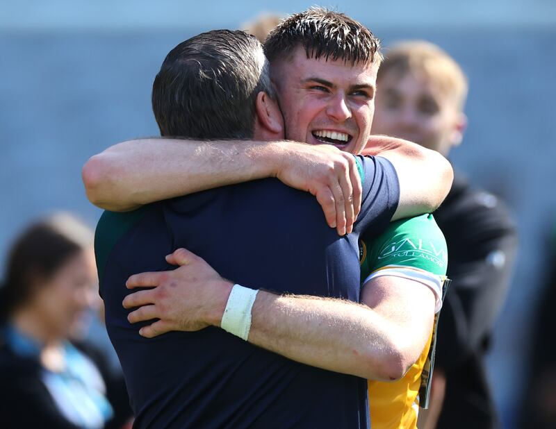 Offaly’s Chairperson Michael Duignan celebrates with his son Brian Duignan. Photograph: James Crombie/Inpho