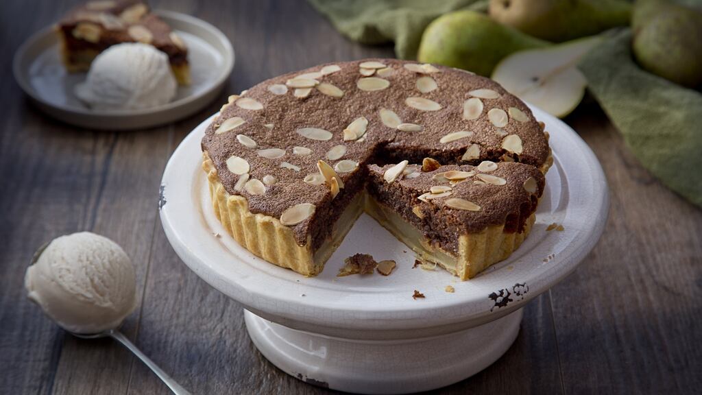 Chocolate pear tart with salted caramel. Photograph: Harry Weir Photography