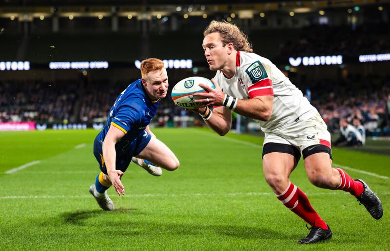 Werner Kok scores Ulster's first try despite Leinster's Ciaran Frawley. Photograph: Morgan Treacy/Inpho
