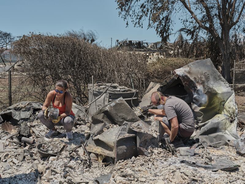 Jeffrey and Patricia Hedlund search for their belongings in the remains of their apartment. Photograph: Philip Cheung/New York Times
                      