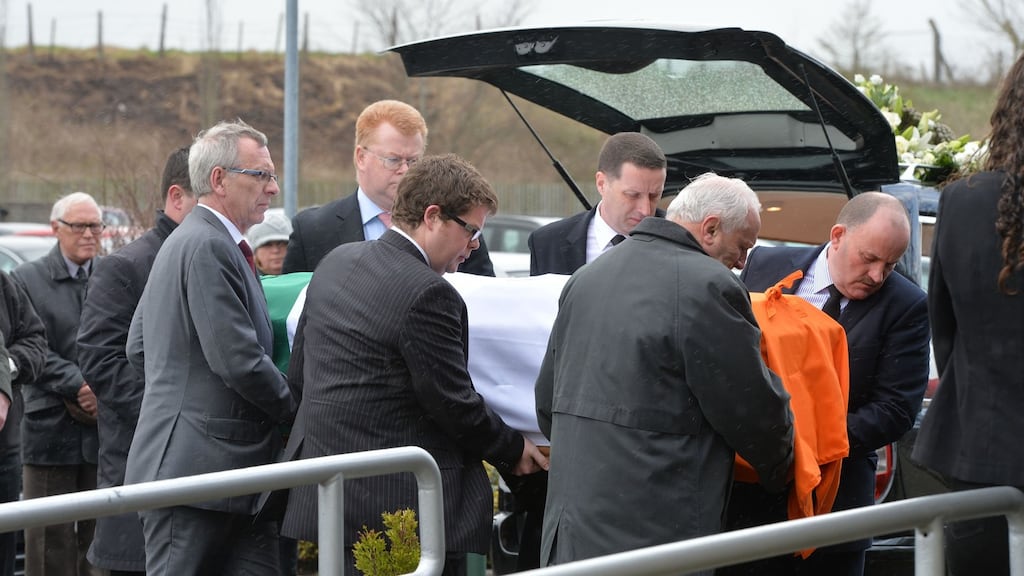Eoin McFadden (centre left) carrying the remains of his mother Nicky Mc Fadden into at Our Lady’s Queen of Peace Church, Coosan, Athlone for funeral Mass. Photograph: Alan Betson/The Irish Times