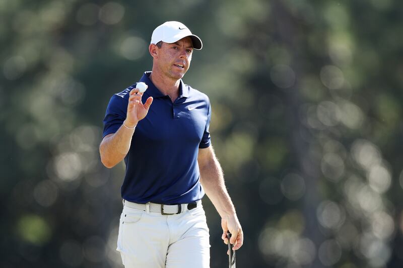 Rory McIlroy reacts after making par on the 18th green during the final round of the Masters. Photograph: Warren Little/Getty Images