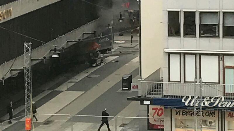 A truck has crashed into the Ahlens department store at Drottninggatan in central Stockholm. Photograph: Getty Images
