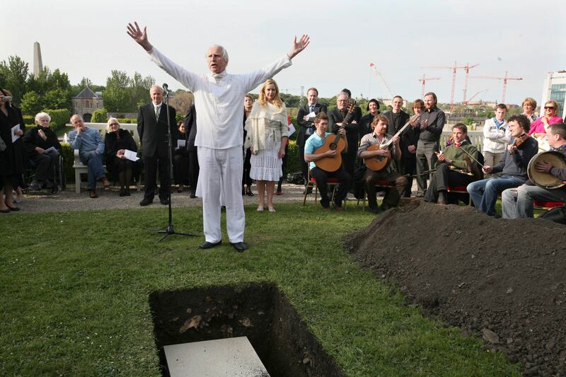 Brian O’Doherty in Dublin in 2008 during the ceremonial burying of an effigy of his alter ego, the pseudonymous Patrick Ireland. He had used the name for his artwork until the British military left Northern Ireland. Photograph: Derek Speirs/The New York Times