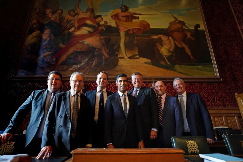 Rishi Sunak (centre) meeting with members of the 1922 Committee in the Houses of Parliament, London after it was announced he will become the new leader of the Conservative party. Photo: Stefan Rousseau / PA