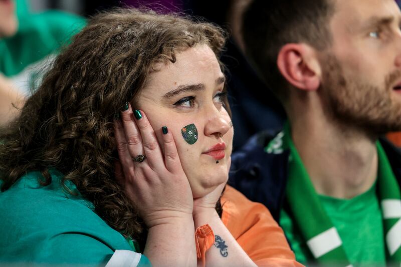 Ireland fans inside the Stade de France react to defeat. Photograph: Dan Sheridan/Inpho