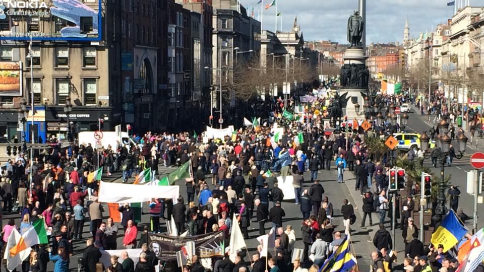 Protesters gathering on O’Connell Bridge in Dublin. Photograph: Dara MacDonaill