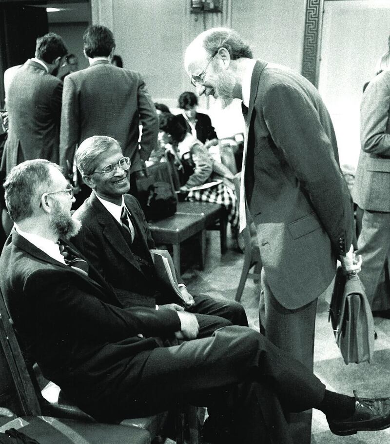 Prof Campbell with fellow researchers Dr Ken Brown and Dr Mohammed Aziz when Merck & Co announced its donation of invermectin for use against river blindness in 1987. Photograph: Merck & Co