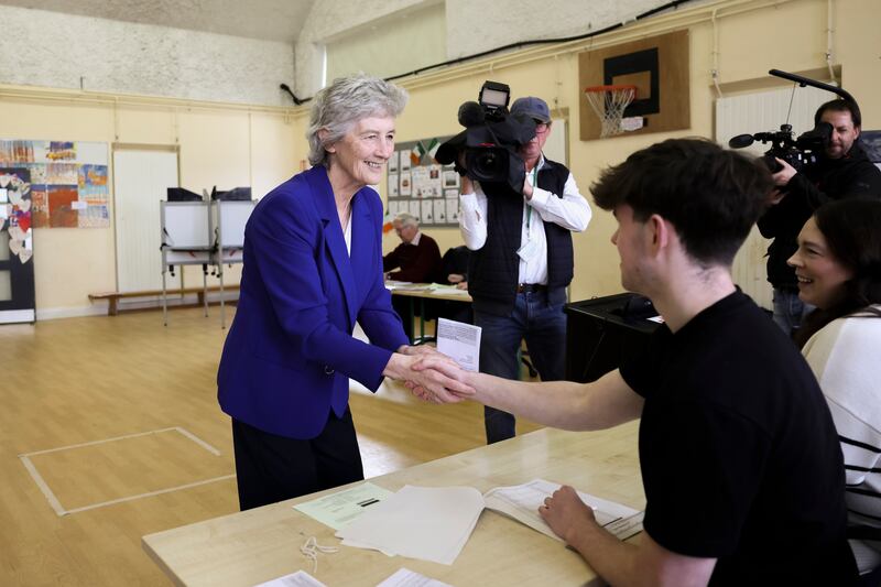Catherine Connolly votes in the Scoil Niocláis Naofa, the Claddagh National School, in Galway city. Photo: Dan Dennison