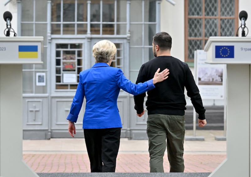 European Commission president Ursula von der Leyen and Ukrainian president Volodymyr Zelenskiy in Kyiv in 2023. Photograph: Sergei Supinsky/AFP/Getty Images