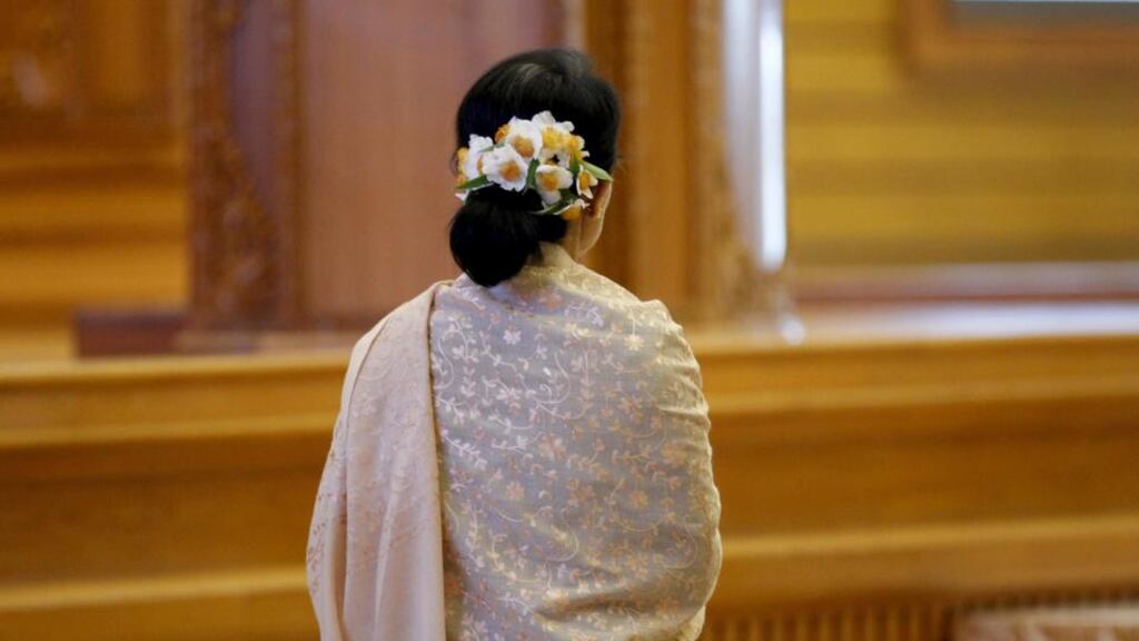 Nobel Peace Prize laureate: Aung San Suu Kyi in parliament in Naypyitaw. Photograph: Soe Zeya Tun/Reuters