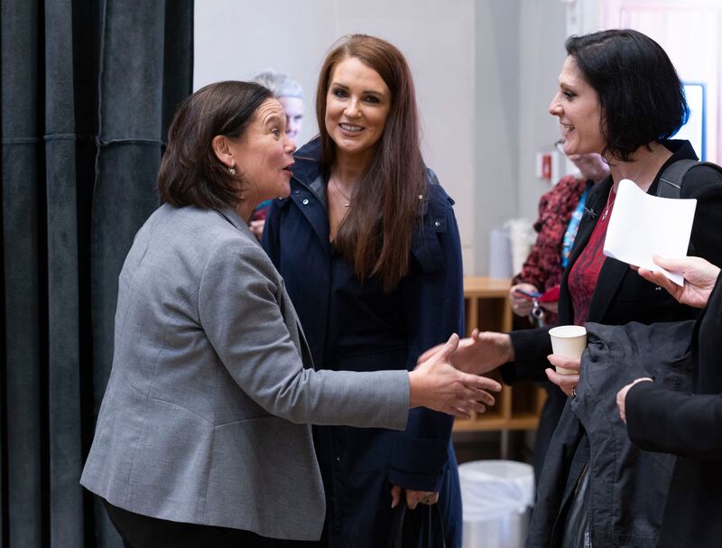 Margaret Loftus (centre) with Sinn Féin president Mary Lou McDonald (left) and Women’s Aid chief executive Sarah Benson at Leinster House on Wednesday. Photograph: Sam Boal/Collins Photo 