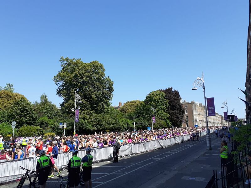 Runners gather at the main start line at the VHI Women's Mini Marathon in Dublin. Photograph: Conor Capplis