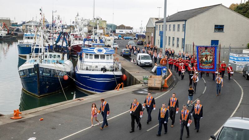 DUP leader Sir Jeffrey Donaldson  (second from right at front of group) marching as a member of Ballinran Orange Lodge through Kilkeel, Co. Down, as part of the annual Twelfth of July celebrations. Photograph: Liam McBurney/PA Wire