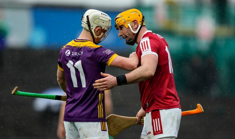 Daragh Carley of Wexford and Declan Dalton of Cork during the Allianz Hurling League Division 1A game at Chadwicks Wexford Park. Photograph: James Lawlor/Inpho 