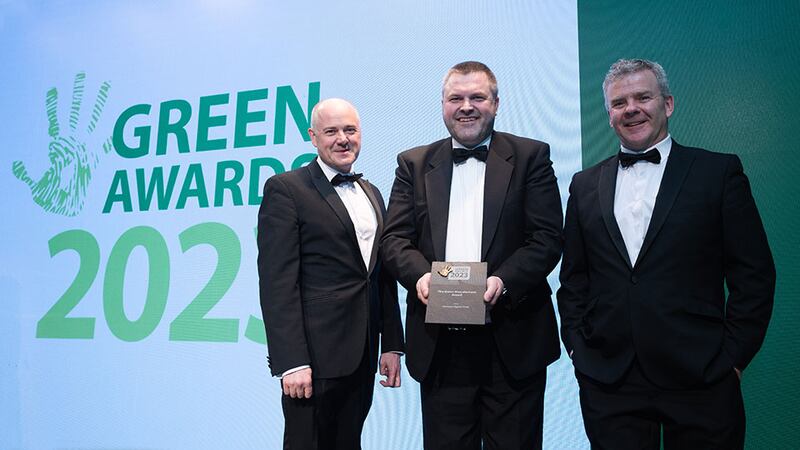 Richard Alexander, sustainable fuels lead, Calor, presents the Green Manufacturer Award to Alan Barrett and Richard Whitty, Horizon Digital Print.