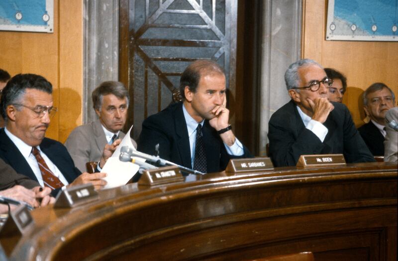 Joe Biden on Senate committee on Foreign Relations listening as US secretary of state George Shultz testifies. Photograph: Howard L Sachs/CNP/Getty Images
