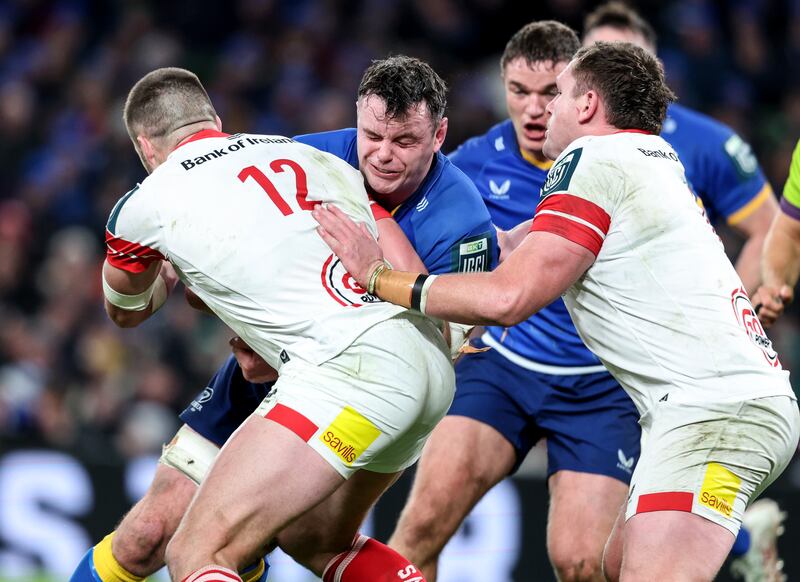 Leinster’s James Ryan in action against Stuart McCloskey of Ulster during last Friday's United Rugby Championship match at the Aviva Stadium, Dublin. Photograph: Dan Sheridan/Inpho