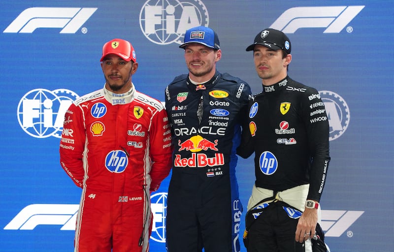 Lewis Hamilton, Max Verstappen and Charles Leclerc after qualifying. Photograph: David Davies/PA