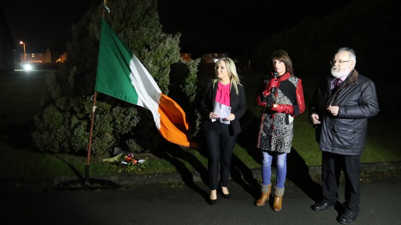 Sinn Féin’s leader in Northern Ireland, Michelle O’Neill (left), arrives to address a commemoration for IRA gunmen in Clonoe, Co Tyrone in 2017. Photograph: Niall Carson/PA Wire
