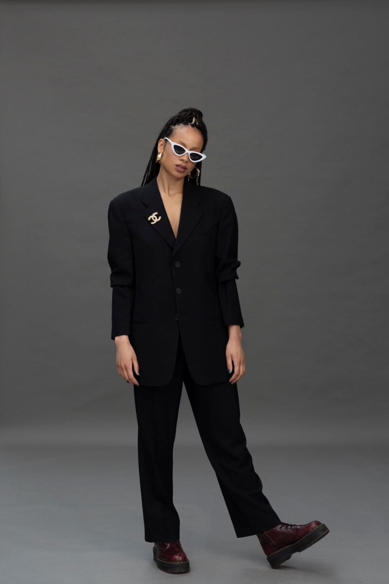 Black jacket, €59, and black René Lezard trousers, €49, from The Harlequin 