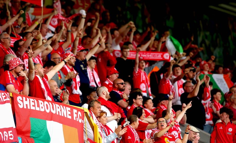 Shelbourne fans ahead of the game at Windsor Park. Photograph: Ryan Byrne/Inpho