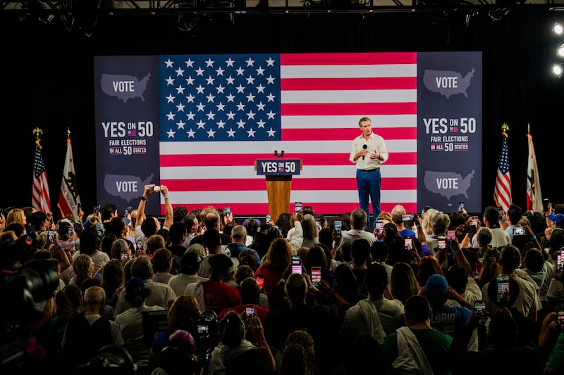 California governor Gavin Newsom on stage at a 'Yes on Prop 50' campaign rally in Los Angeles last weekend. Photograph: Gabriela Bhaskar/The New York Times