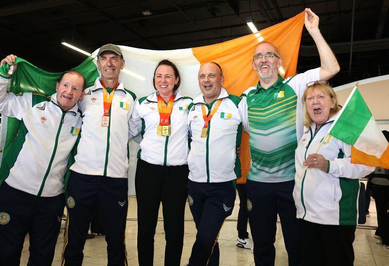 Mairead O’ Mahony (Cork), Finbar O’Regan (Dublin), Tony Gartland (Carlow), Pat O’Sullivan (Cork), Colin White (Team Manager) and Bernadette Cox (Kildare) at Dublin Airport. Photograph: Dara Mac Dónaill







