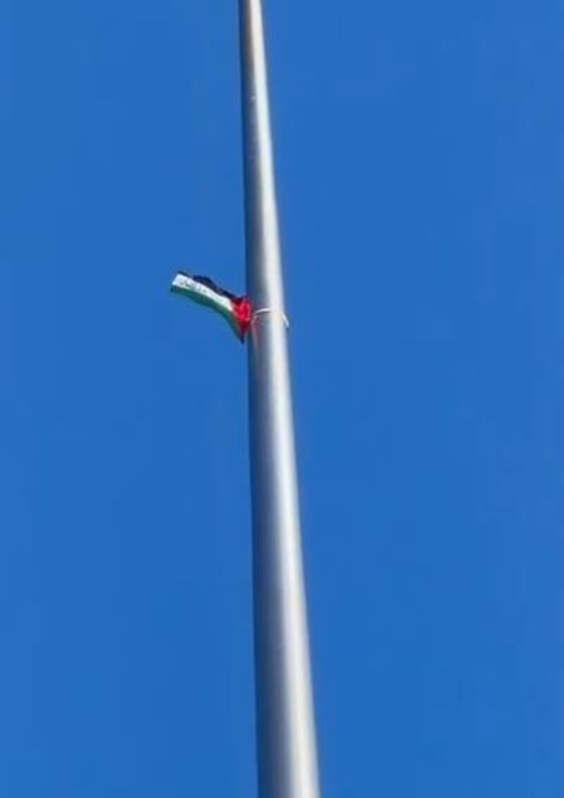 The Palestinian flag on Dublin's Spire captured in a video image posted by the Ireland Palestine Solidarity Campaign on September 27th 2025. Image: IPSC/X