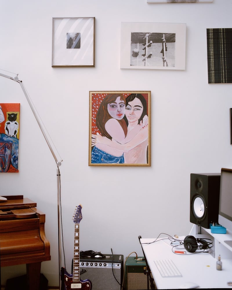 A portrait of Felber and Dunham hangs in the couple’s home. It was painted by his mother, Alma Laura. Photograph: Charlotte Hadden/New York Times