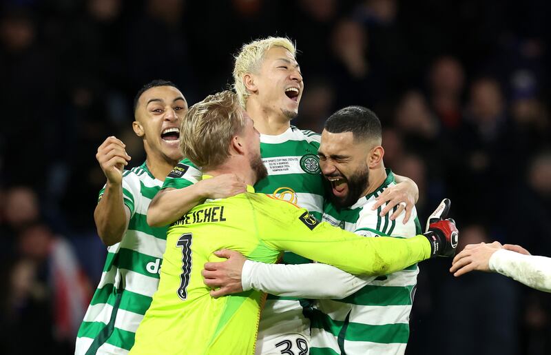 Celtic's Daizen Maeda celebrates with team-mates after scoring the winning penalty in the Scottish League Cup final on December 15th. Photograph: Ian MacNicol/Getty Images