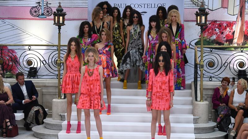Models present creations by  Paul Costelloe during London Fashion Week. Photograph: Neill Hall/EPA