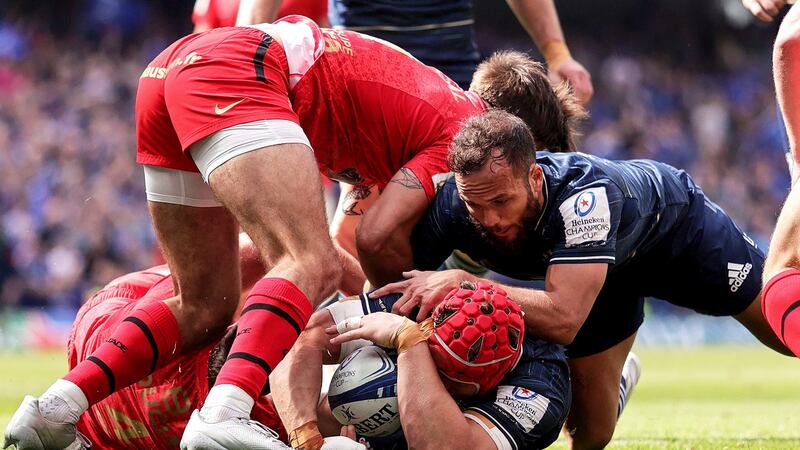 Josh van der Flier scored Leinster’s second try off the back of a Sexton dummy. Photograph: Laszlo Geczo/Inpho