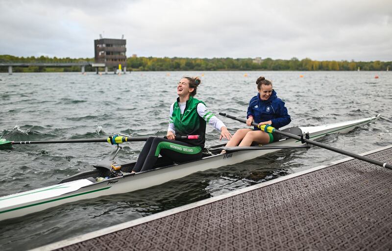 Team Ireland rowers Fiona Murtagh, left, and Aifric Keogh during a  training camp at Vaires-Sur-Marne in Paris, France. The Nautical Stadium will host the Olympic rowing competition.   Photograph: Brendan Moran/Sportsfile
