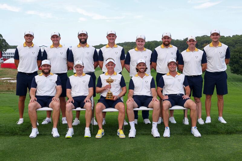 (Top L-R) Ludvig Aberg, Sepp Straka, Jon Rahm, Justin Rose, Robert MacIntyre, Shane Lowry, Rory McIlroy, Rasmus Hojgaard (Bottom L-R) Tyrrell Hatton, Matt Fitzpatrick, team captain Luke Donald, Tommy Fleetwood and Viktor Hovland of Team Europe. Photograph: Andrew Redington/Getty