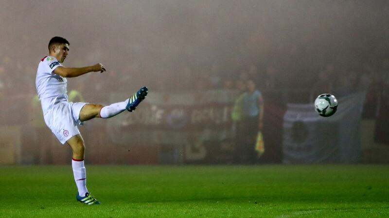 Oscar Brennan scores Shelbourne’s second goal during the SSE Airtricity League First Division game against Drogheda United at  United Park. Photograph:  James Crombie/Inpho