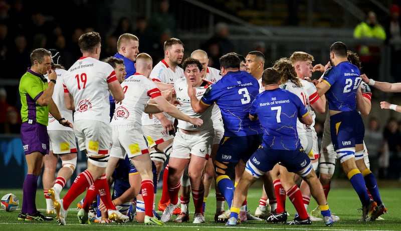 Tempers flare during last Friday's URC match between Ulster and Leinster at Affidea Stadium. Photograph: Grace Halton/Inpho