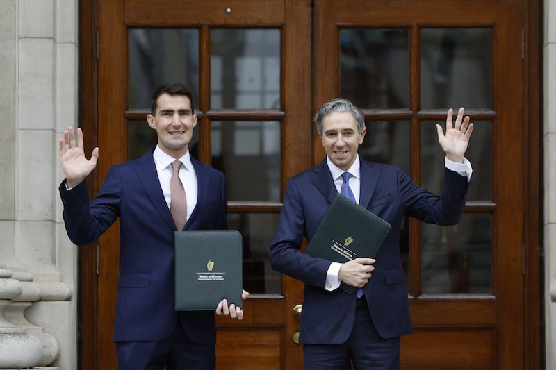 Minister for Public Expenditure Jack Chambers with Minister for Finance Simon Harris at Government buildings ahead of their respective speeches this afternoon.
Photograph: Nick Bradshaw / The Irish Times