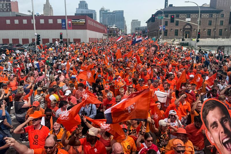 Netherlands fans march to Arrowhead Stadium in Kansas City, Missouri, for their team's World Cup Group F match against Tunisia on June 25th. Photograph: Alfred Davies/AFP via Getty Images