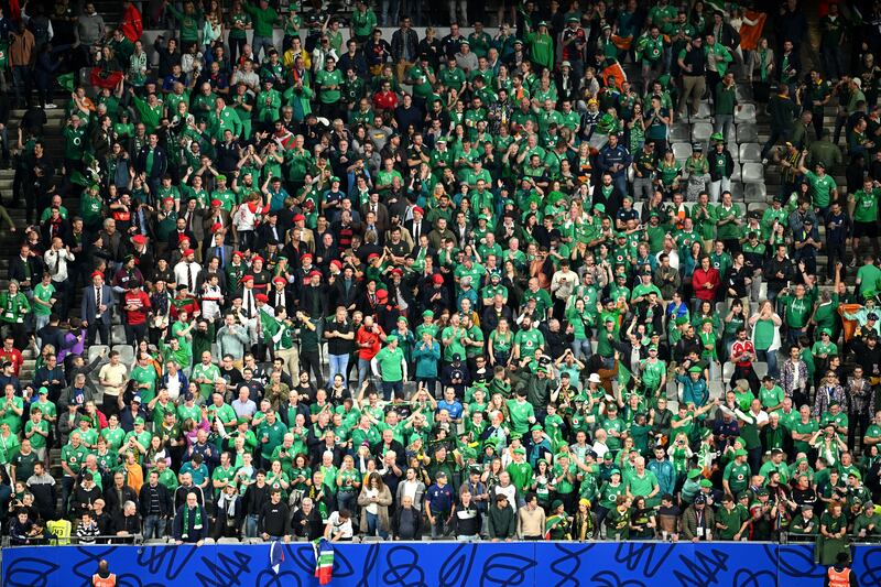 Ireland fans celebrating after defeating South Africa at Stade de France on Saturday. Photograph: Matthias Hangst/Getty Images