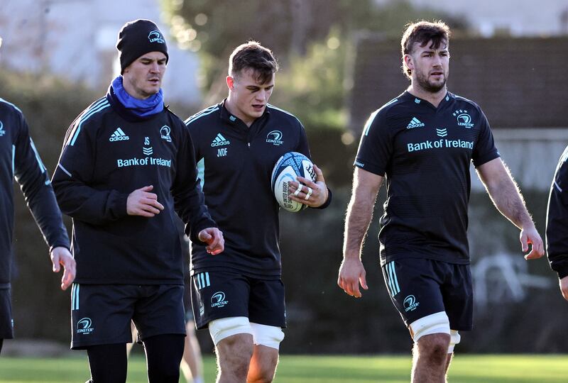 Johnny Sexton, Josh van der Flier and Calen Dorris. Leinster rugby squad training, UCD, Dublin, December 20th. Photograph: INPHO/Nick Elliott
