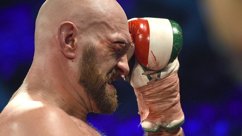 Tyson Fury reacts during his heavyweight bout against Otto Wallin at T-Mobile Arena  in Las Vegas, Nevada on Saturday night. Photograph:  David Becker/Getty Images.