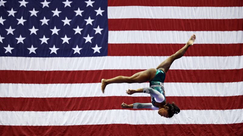Simone Biles competes on the balance beam during the Senior Women’s competition of the 2019 US Gymnastics Championships. Photograph: Jamie Squire/Getty Images