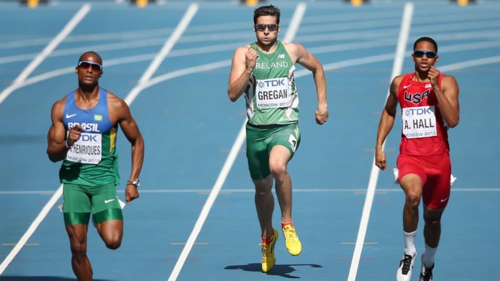 Ireland’s Brian Gregan (centre) trails Anderson Henriques of Brazil (left) and Arman Hall of the United States in his 400m heats at the IAAF World Athletics Championships in Moscow this morning. Photograph: Christian Petersen/Getty Images