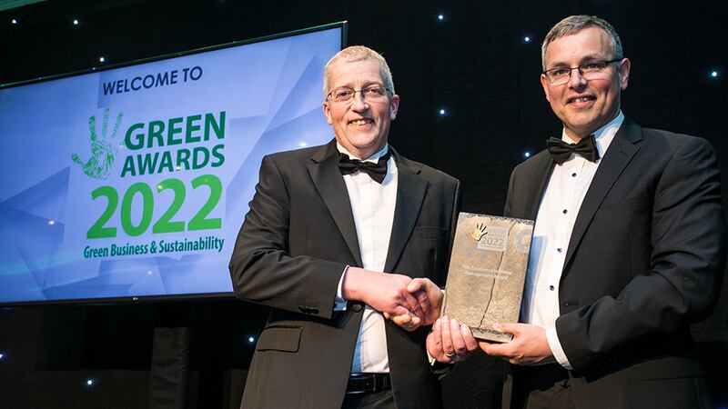 Brendan Connolly, Renewable Energy Development Manager at Bord na Móna, presents The Excellence in Waste Management Award to Sean Donohoe, Tesco.