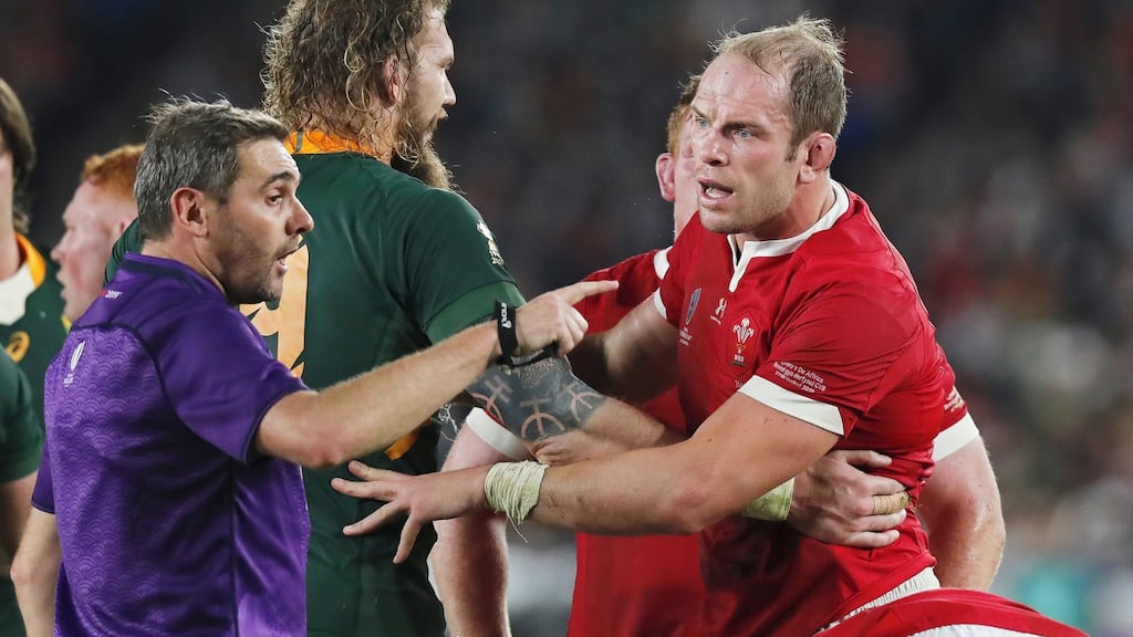 Referee Jérôme Garcès talks to Welsh captain Alun-Wyn Jones during the Rugby World Cup semi-final match between South Africa and Wales at the International Stadium Yokohama on Sunday. Photograph: Mark R Cristino/EPA