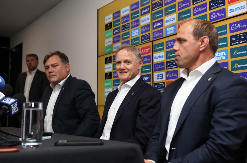 Joe Schmidt, flanked by Peter Horne and Phil Waugh of Rugby Australia.  There is now a leadership group with high rugby IQ in the organisation. Photograph: Photosport/Max Mason-Hubers/Inpho