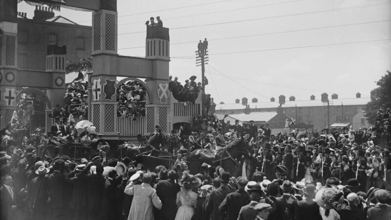 King George V and Queen Mary  pass through Leeson Bridge on their way into Dublin from Kingstown Harbour during a visit to Ireland, July 1911. Photograph:  Topical Press Agency/Hulton Archive/Getty Images